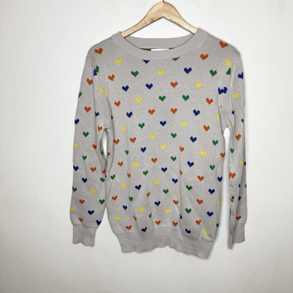 Oxknit Gray Multicolor Heart Long Sleeve Sweater Twee Kidcore Womens Large